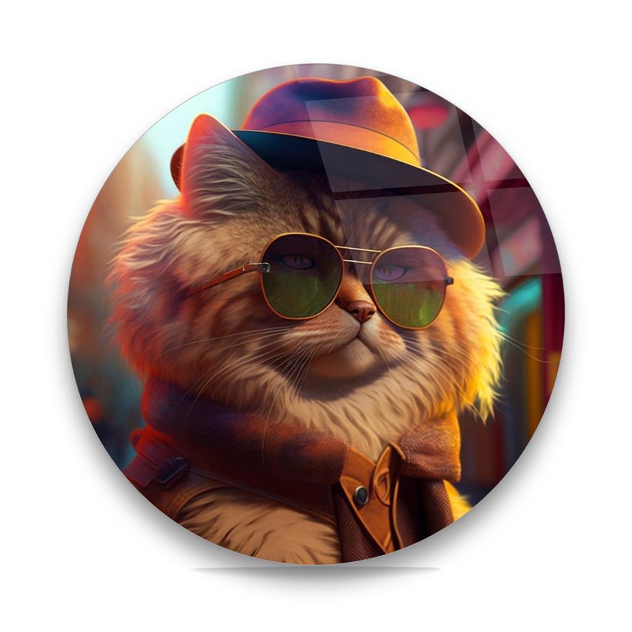 Kedi Adam Yuvarlak Cam Tablo-Glass Art Concept