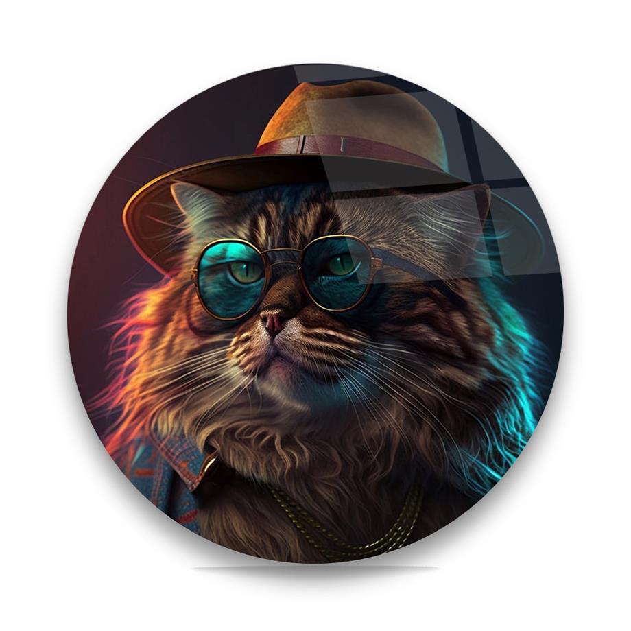 Kedi Adam Yuvarlak Cam Tablo-Glass Art Concept