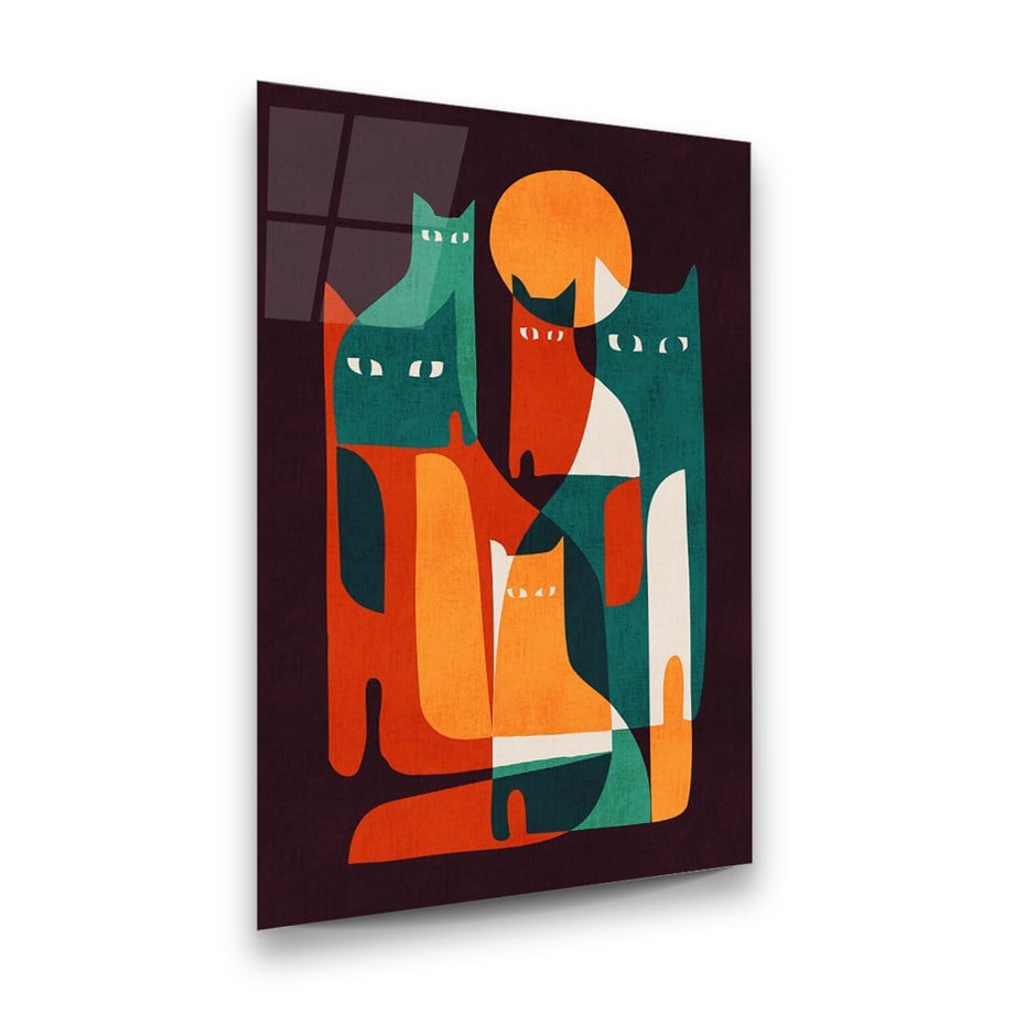 Kediler Modern Sanat Dikey Cam Tablo-Glass Art Concept