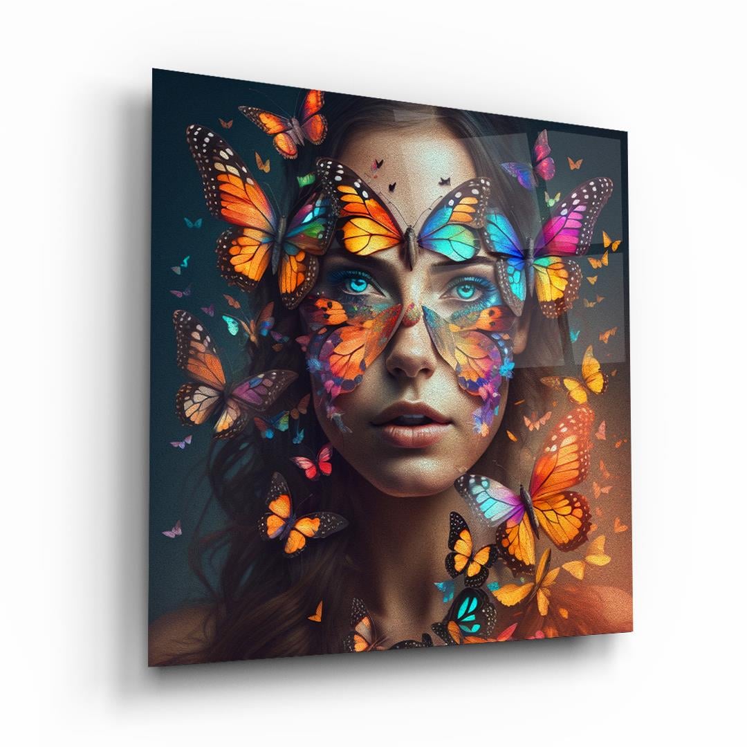 Kelebek Kadın Kare Cam Tablo-Glass Art Concept