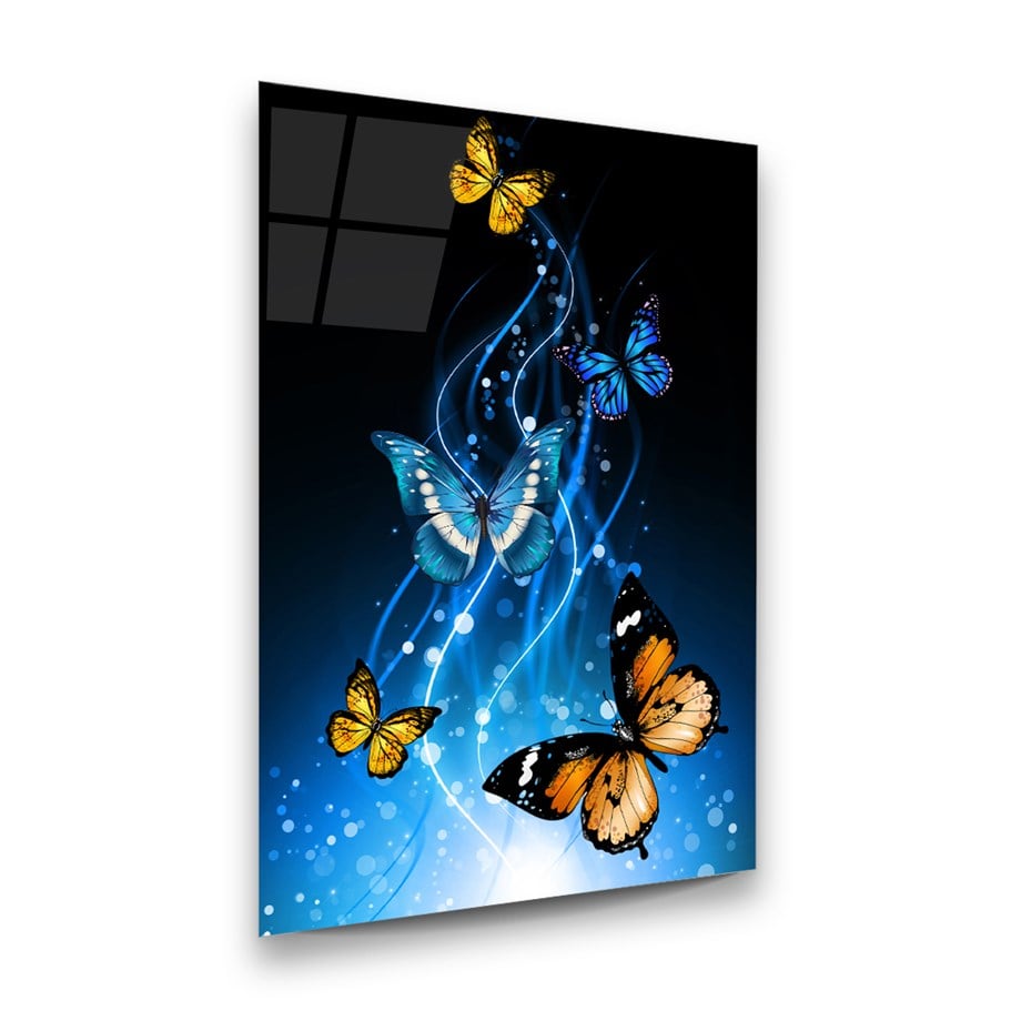 Kelebekler ve Soyut Dikey Cam Tablo-Glass Art Concept