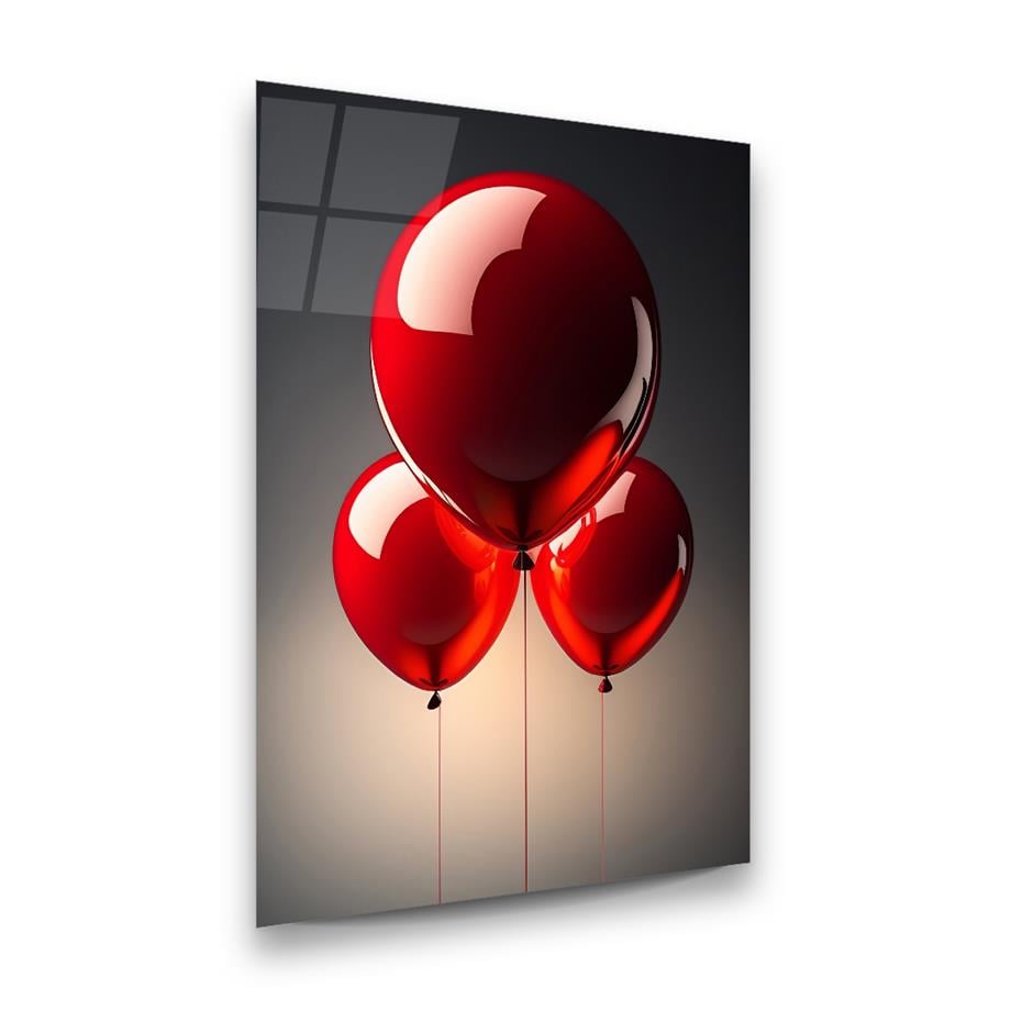 Kırmızı Balonlar Dikey Cam Tablo-Glass Art Concept