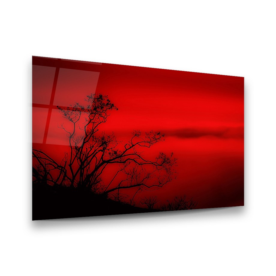 Kırmızı Gökyüzü ve Ağaçlar Yatay Cam Tablo-Glass Art Concept
