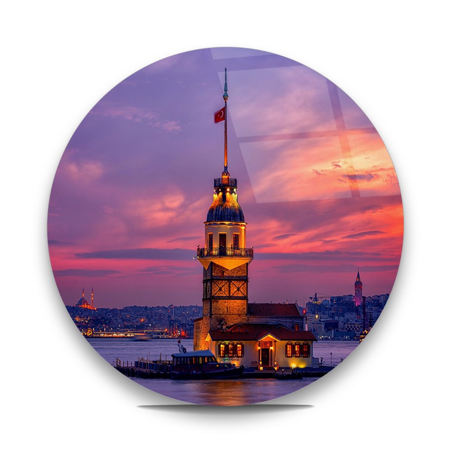Kız Kulesi Yuvarlak Cam Tablo-Glass Art Concept