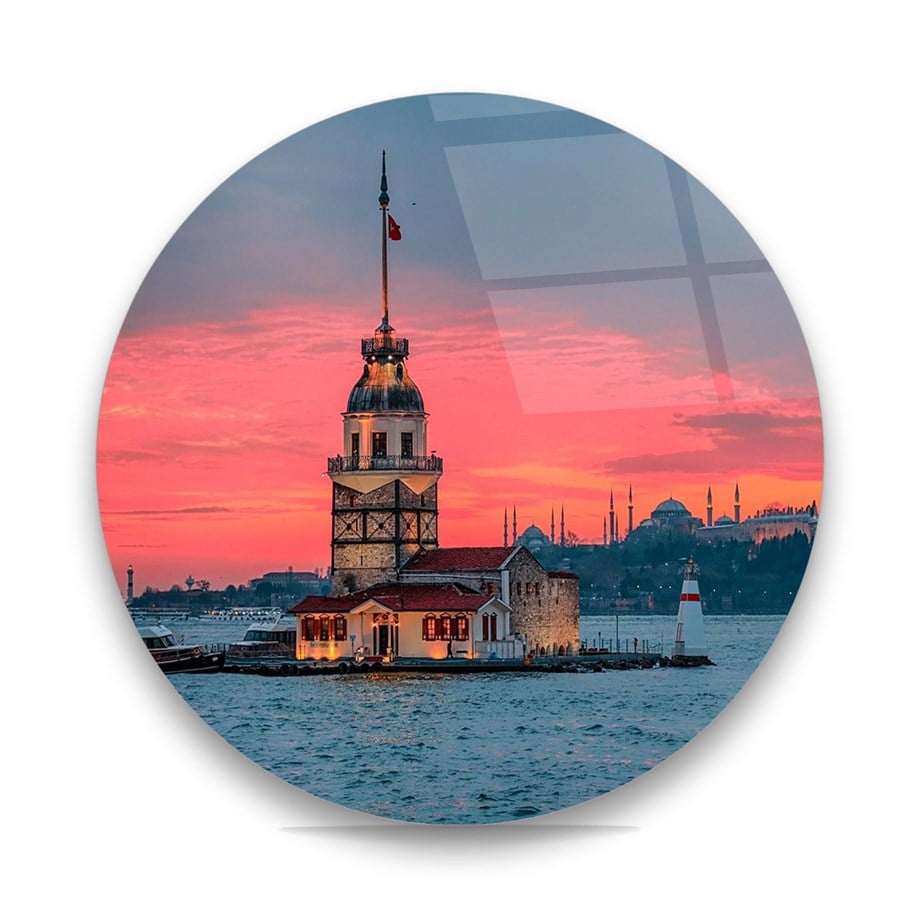 Kız Kulesi Yuvarlak Cam Tablo-Glass Art Concept