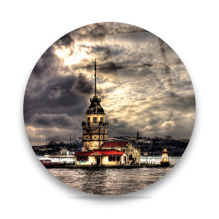 Kız Kulesi Yuvarlak Cam Tablo-Glass Art Concept