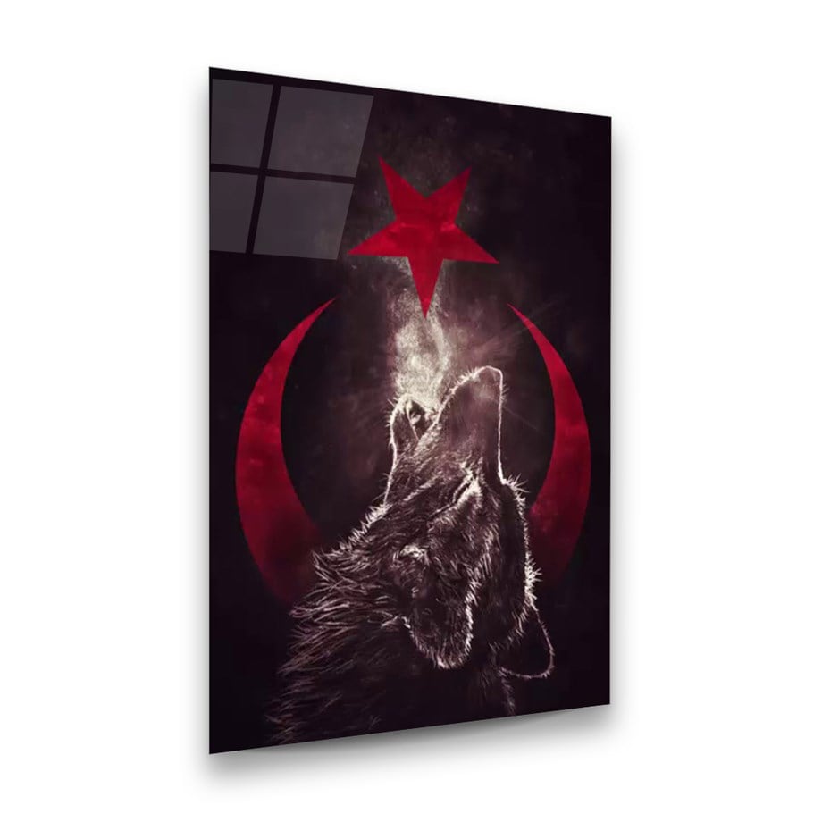 Kurt ve Türk Bayrağı Dikey Cam Tablo-Glass Art Concept