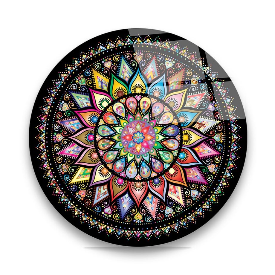 Mandala Dekoratif Çiçek Yuvarlak Cam Tablo