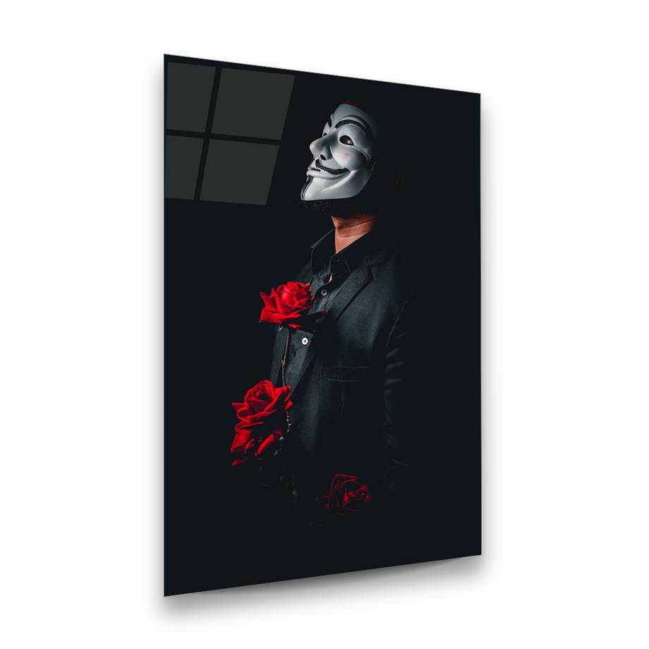 Maskeli Adam ve Kırmızı Gül Dikey Cam Tablo-Glass Art Concept
