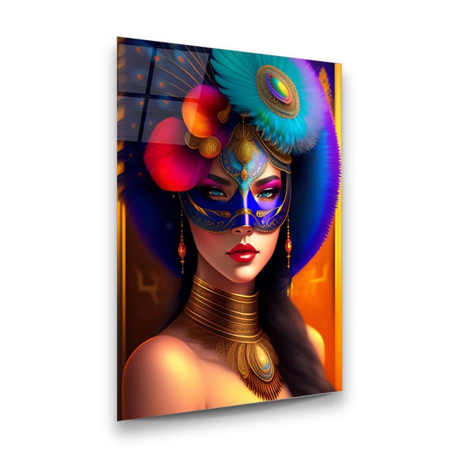 Maskeli Kadın 2 Dikey Cam Tablo-Glass Art Concept