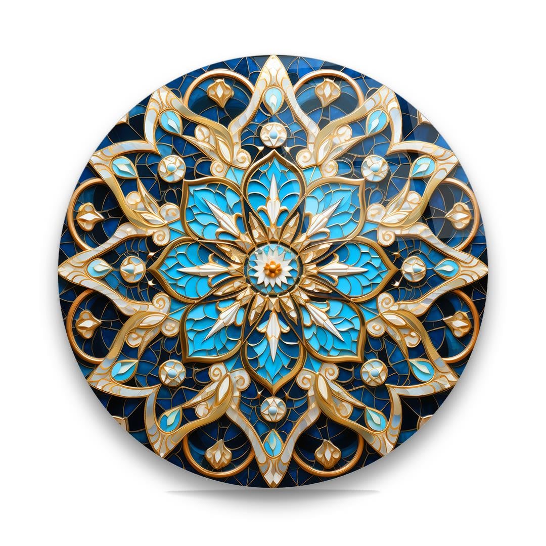 Mavi Çiçek Desen Yuvarlak Cam Tablo-Glass Art Concept