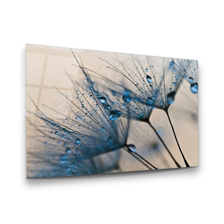 Mavi Çiçek ve Damlalar Yatay Cam Tablo-Glass Art Concept
