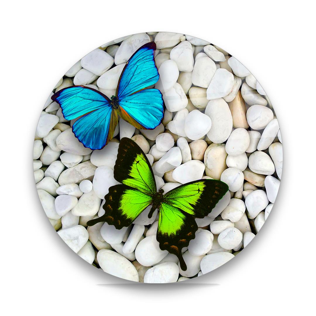 Mavi Yeşil Kelebekler Yuvarlak Cam Tablo-Glass Art Concept