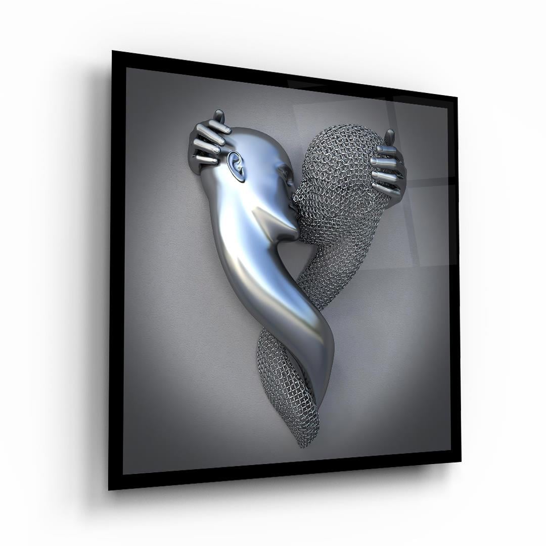Metal Aşıklar Kare Cam Tablo-Glass Art Concept