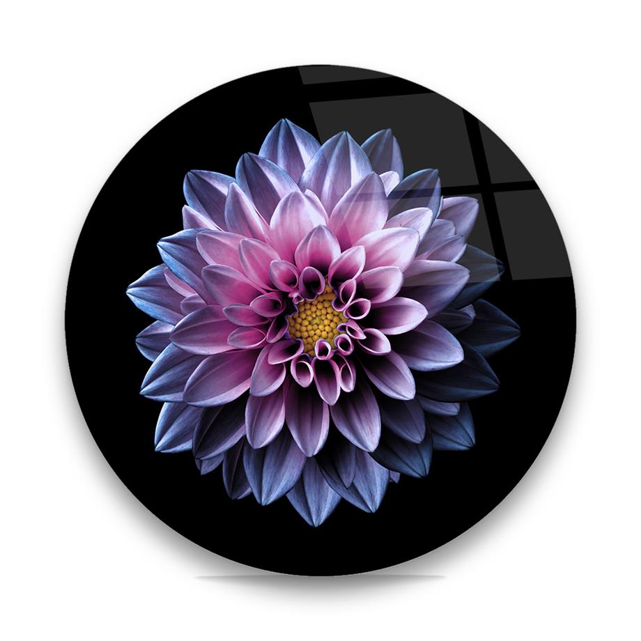 Mor Çiçek Yuvarlak Cam Tablo-Glass Art Concept