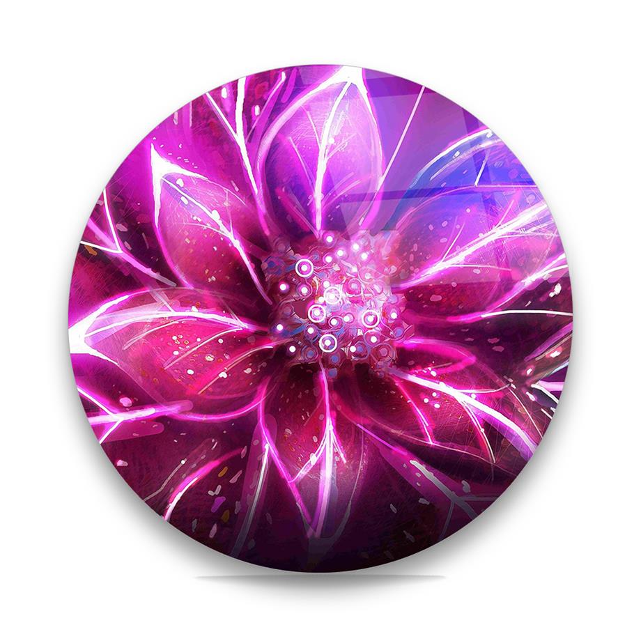 Mor Neon Çiçek Yuvarlak Cam Tablo-Glass Art Concept