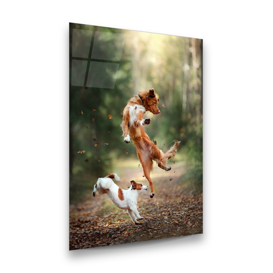 Mutlu Köpekler Dikey Cam Tablo-Glass Art Concept