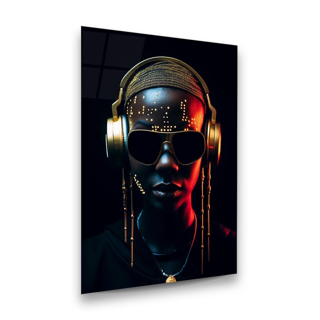 Müzik Temalı Kadın Dikey Cam Tablo-Glass Art Concept