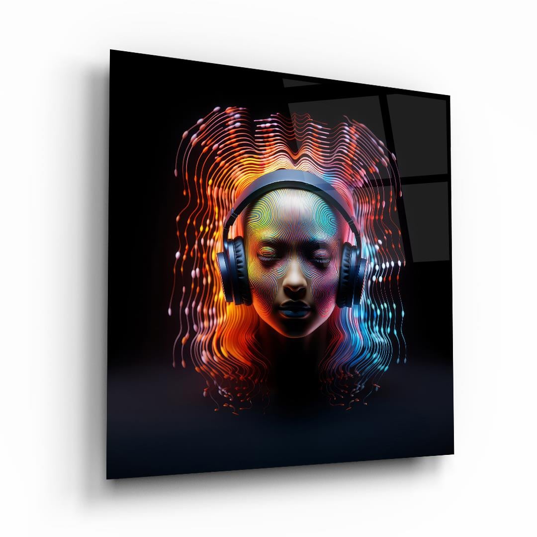 Müzik Temalı Kadın Kare Cam Tablo-Glass Art Concept