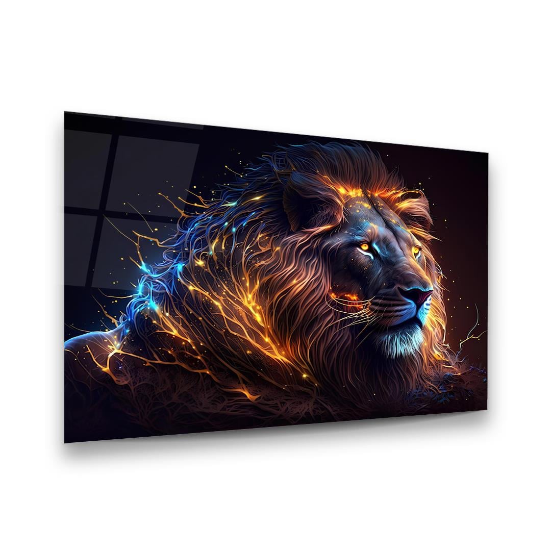 Neon Aslan Yatay Cam Tablo-Glass Art Concept