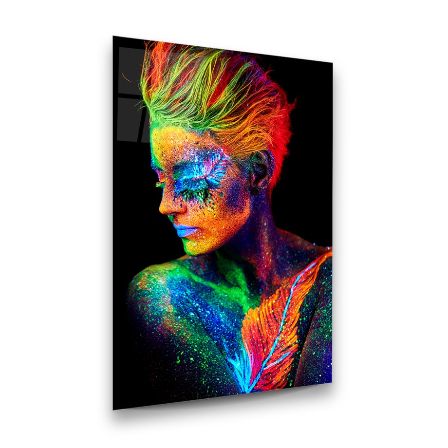 Neon Kadın Dikey Cam Tablo-Glass Art Concept