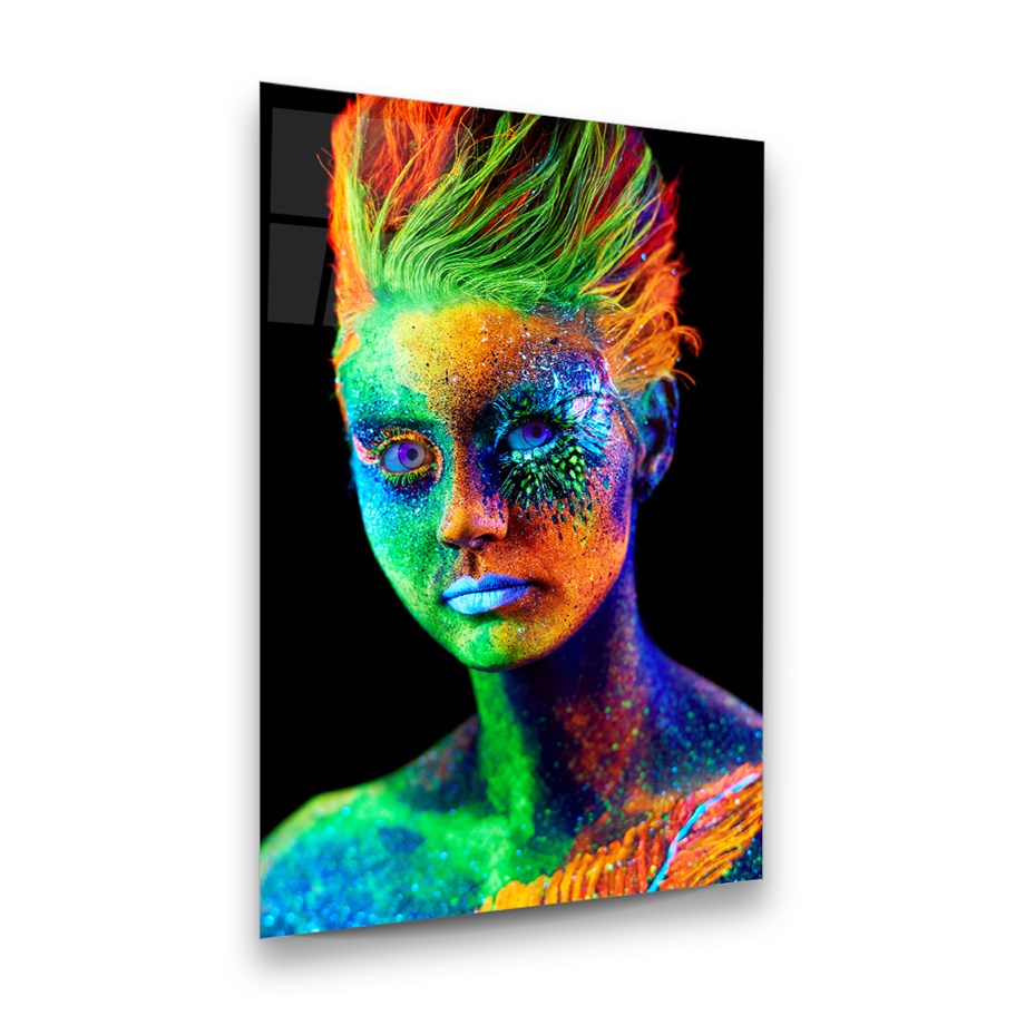 Neon Kadın Dikey Cam Tablo-Glass Art Concept