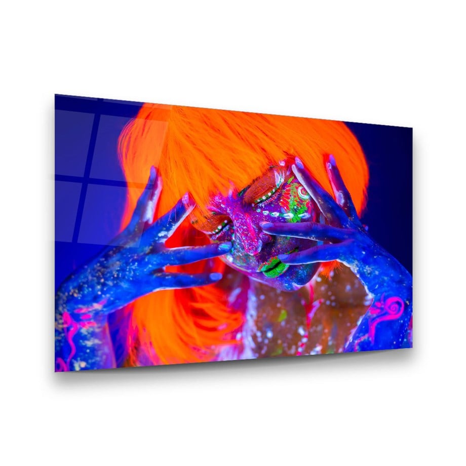 Neon Kadın Yatay Cam Tablo-Glass Art Concept