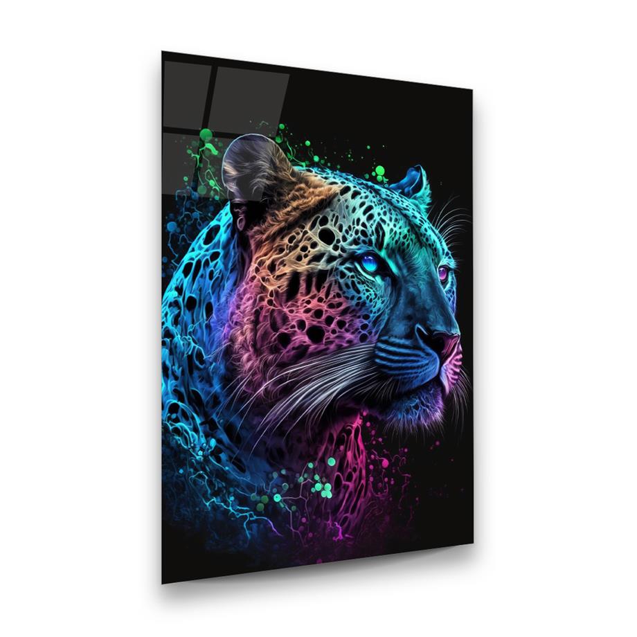 Neon Leopar Dikey Cam Tablo-Glass Art Concept