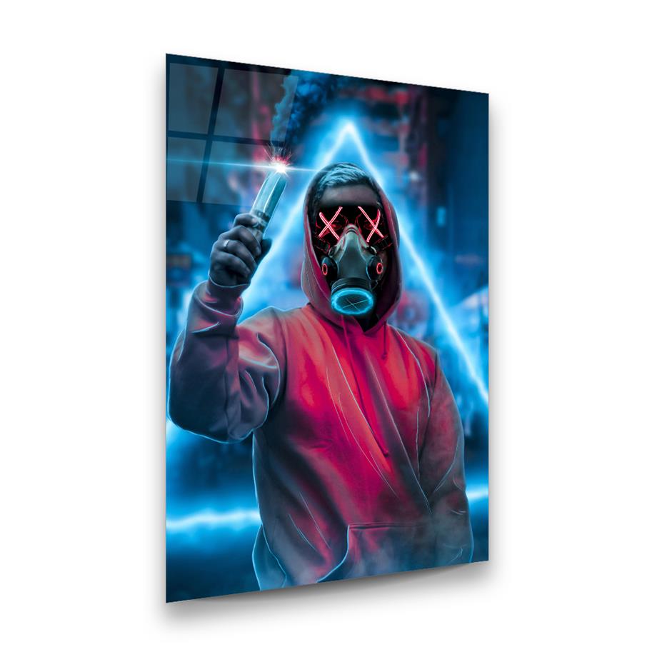 Neon Maskeli Adam Dikey Cam Tablo-Glass Art Concept