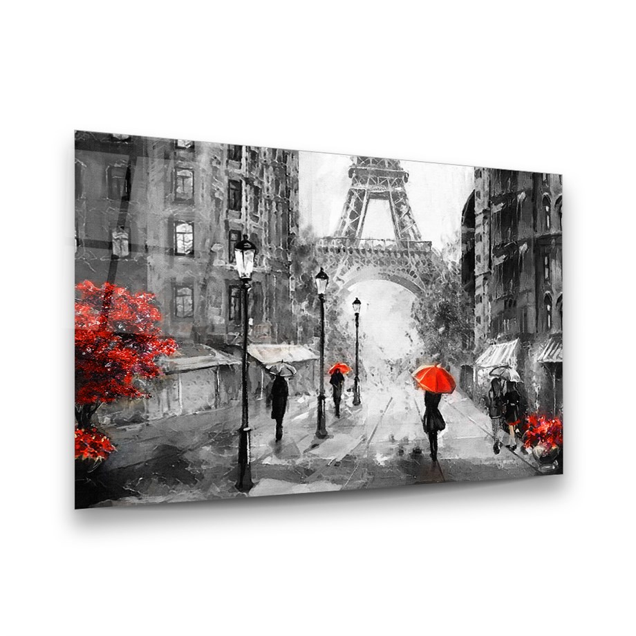 Paris Sokakları Yağlı Boya Yatay Cam Tablo-Glass Art Concept