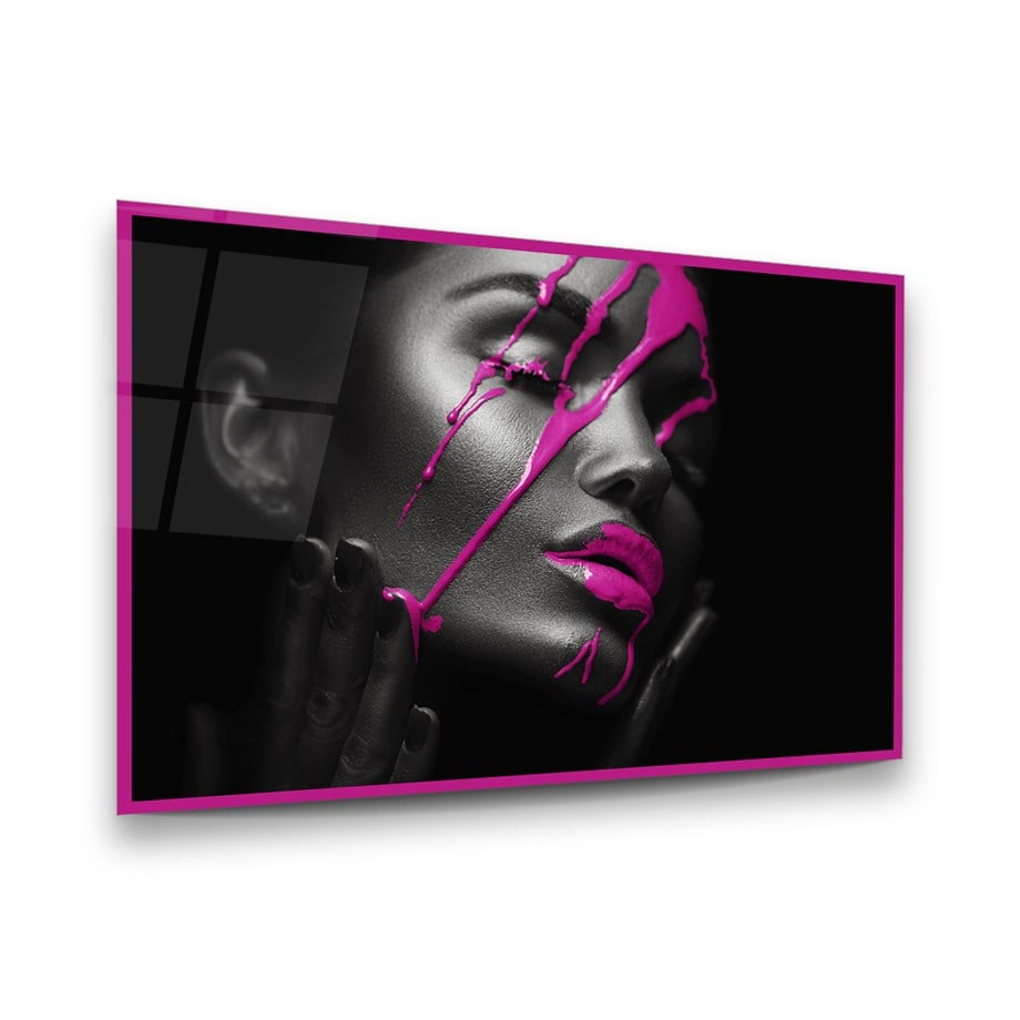 Pembe Tema ve Kadın Yatay Cam Tablo-Glass Art Concept