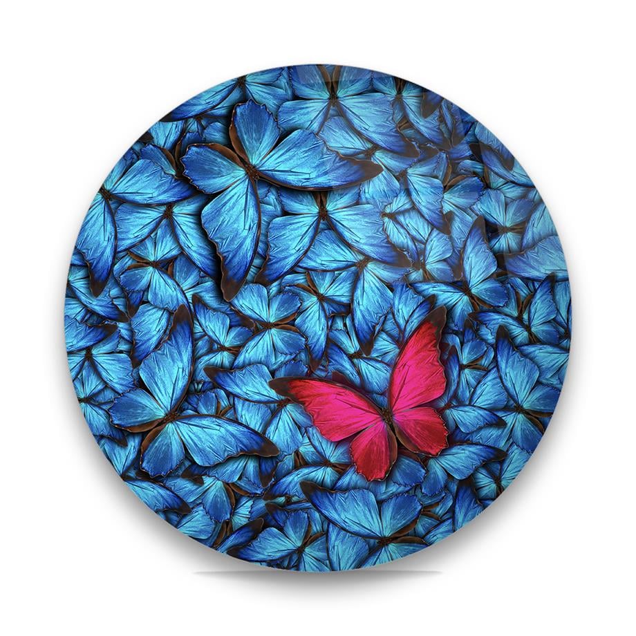 Pembe ve Mavi Kelebekler Yuvarlak Cam Tablo-Glass Art Concept