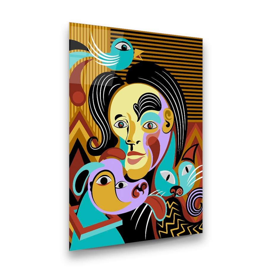 Picasso Tarzı Soyut Çalışma Dikey Cam Tablo-Glass Art Concept