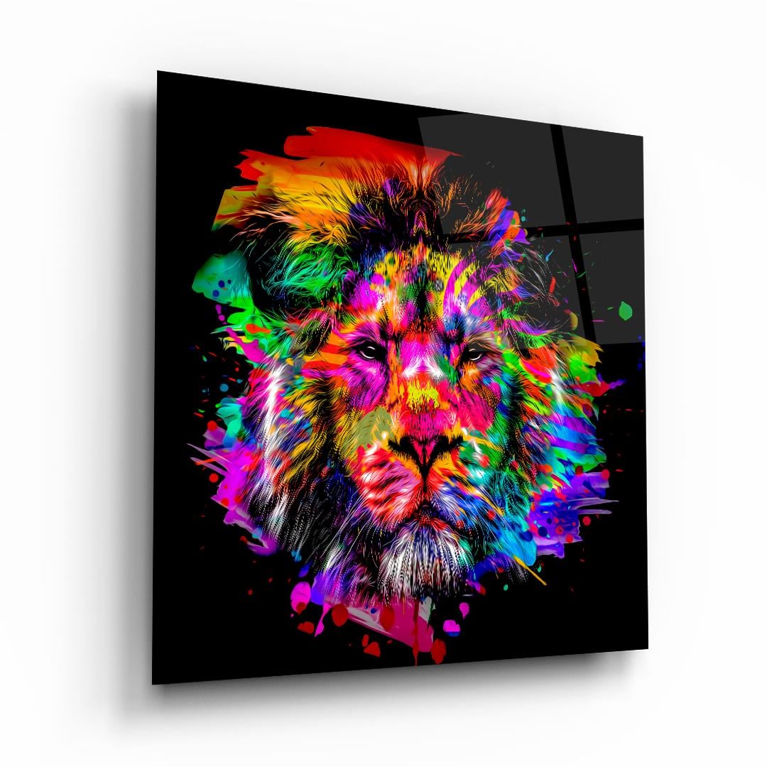 Renkli Aslan Kare Cam Tablo-Glass Art Concept