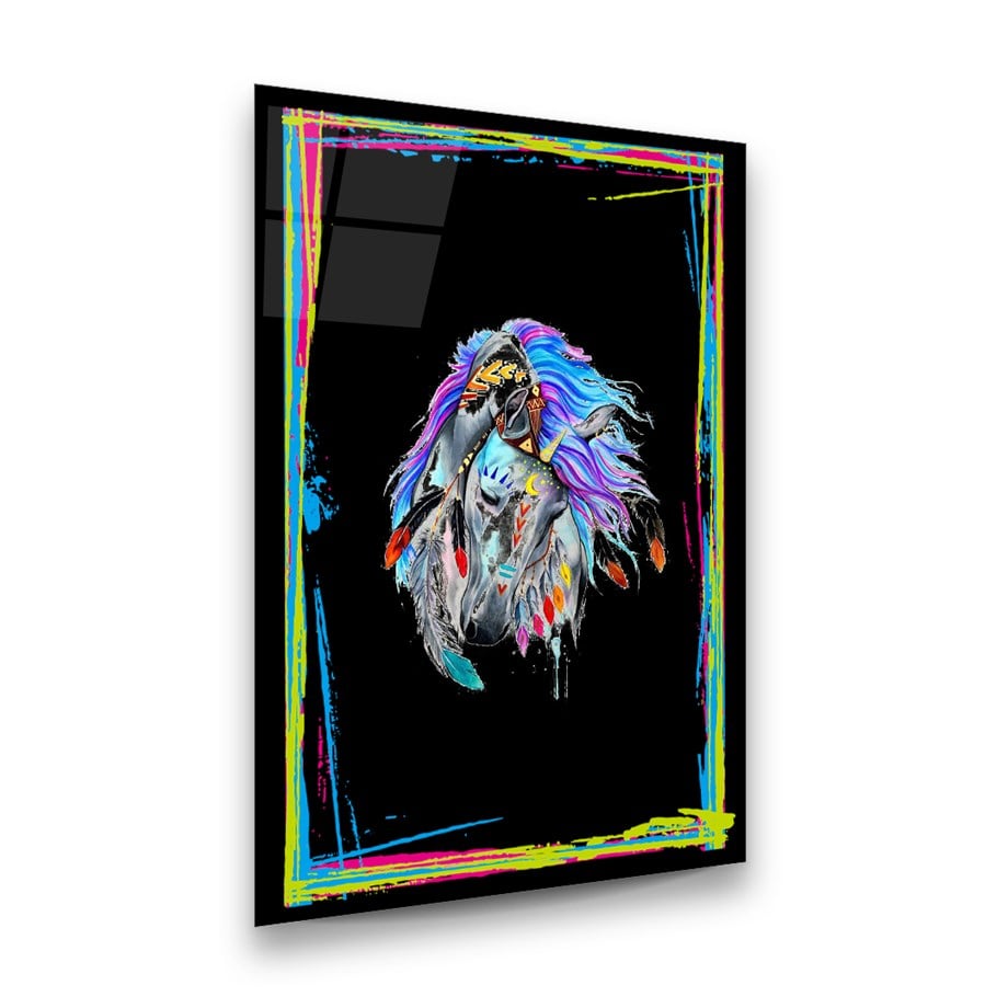 Renkli Çerçeveli At Dikey Cam Tablo-Glass Art Concept