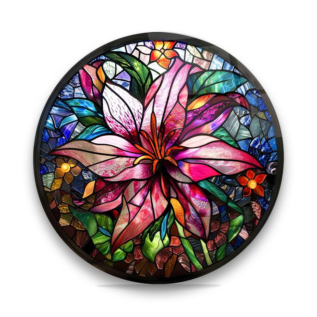 Renkli Çiçek Desen Yuvarlak Cam Tablo-Glass Art Concept