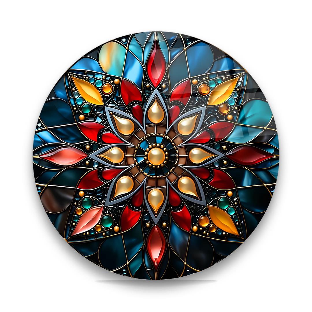 Renkli Çiçek Vitray Desen Yuvarlak Cam Tablo-Glass Art Concept