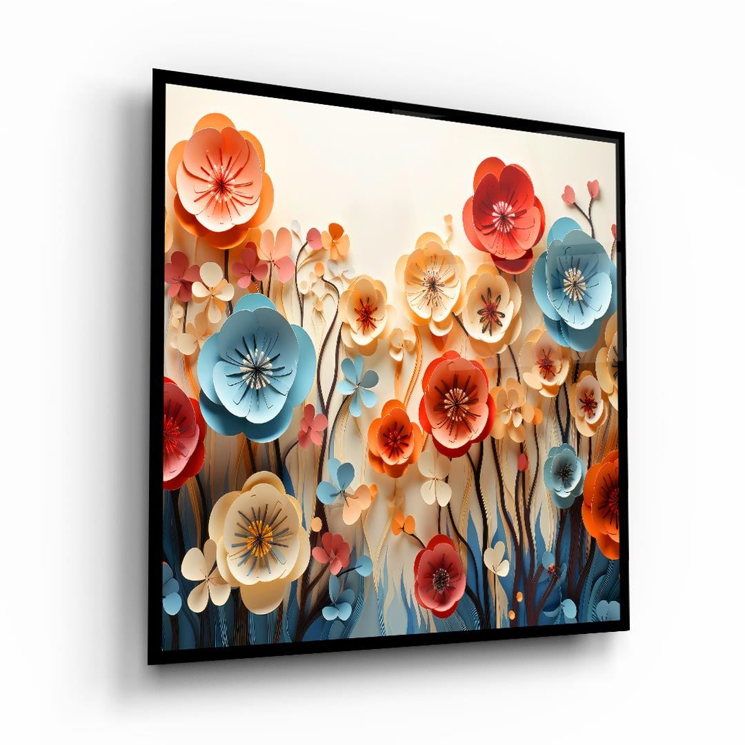 Renkli Çiçekler İllustrator Kare Cam Tablo-Glass Art Concept
