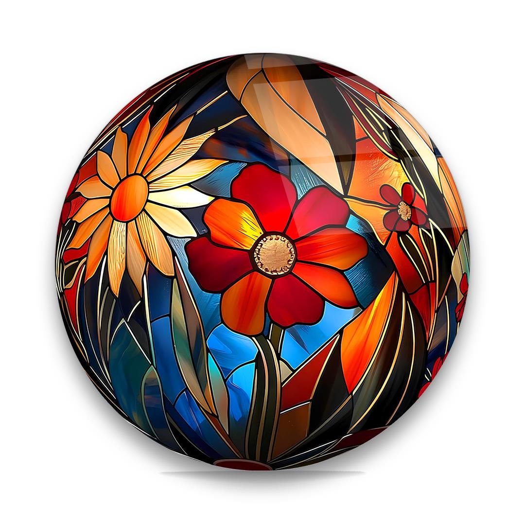 Renkli Çiçekler Yuvarlak Cam Tablo-Glass Art Concept