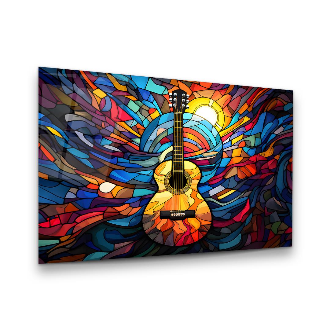 Renkli Gitar Yatay Cam Tablo-Glass Art Concept