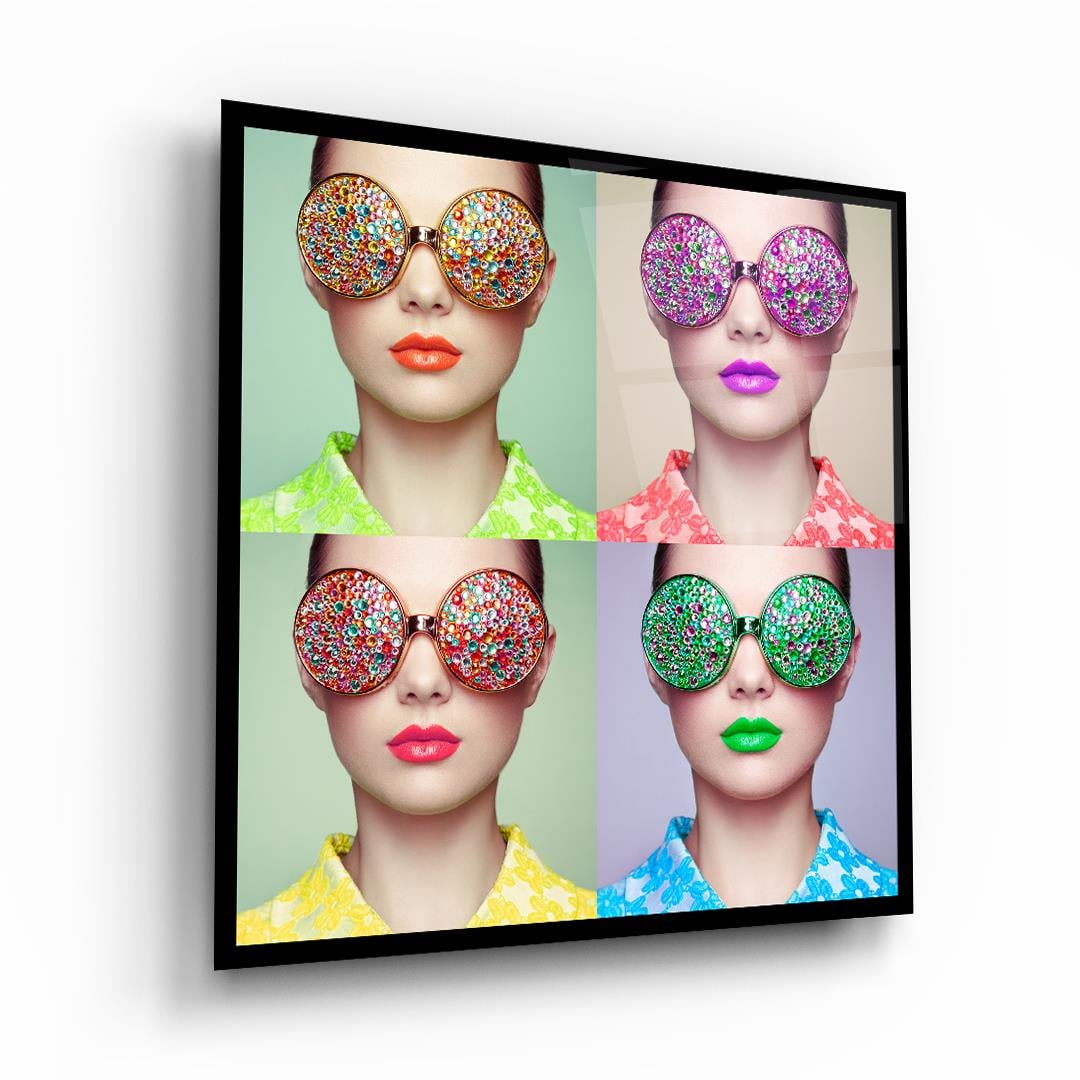 Renkli Gözlüklü Kadınlar Kare Cam Tablo-Glass Art Concept