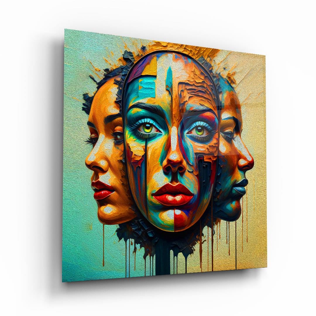 Renkli Kadın Yüzleri 2 Kare Cam Tablo-Glass Art Concept
