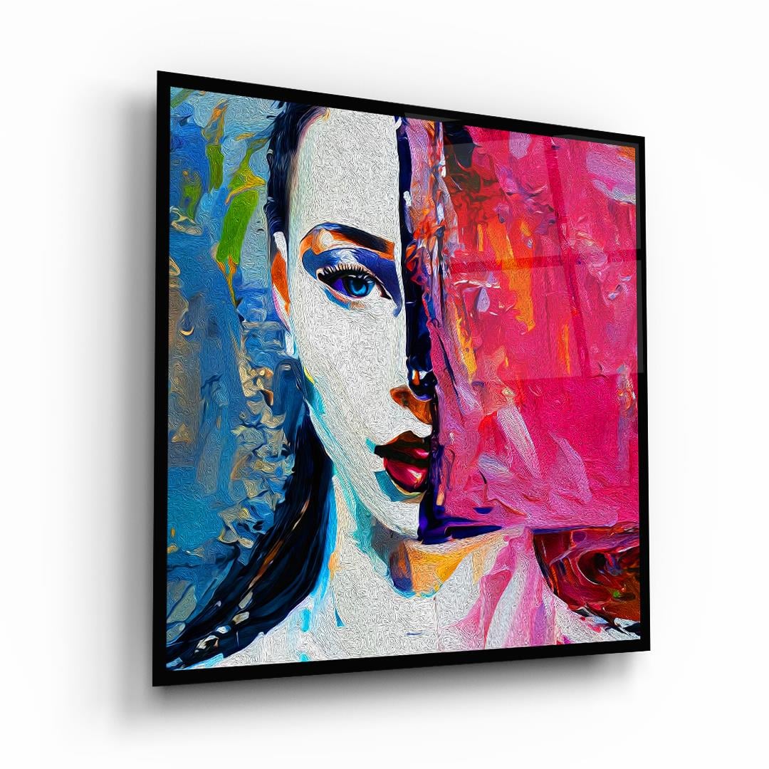 Renkli Kadın Yüzü 2 Kare Cam Tablo-Glass Art Concept