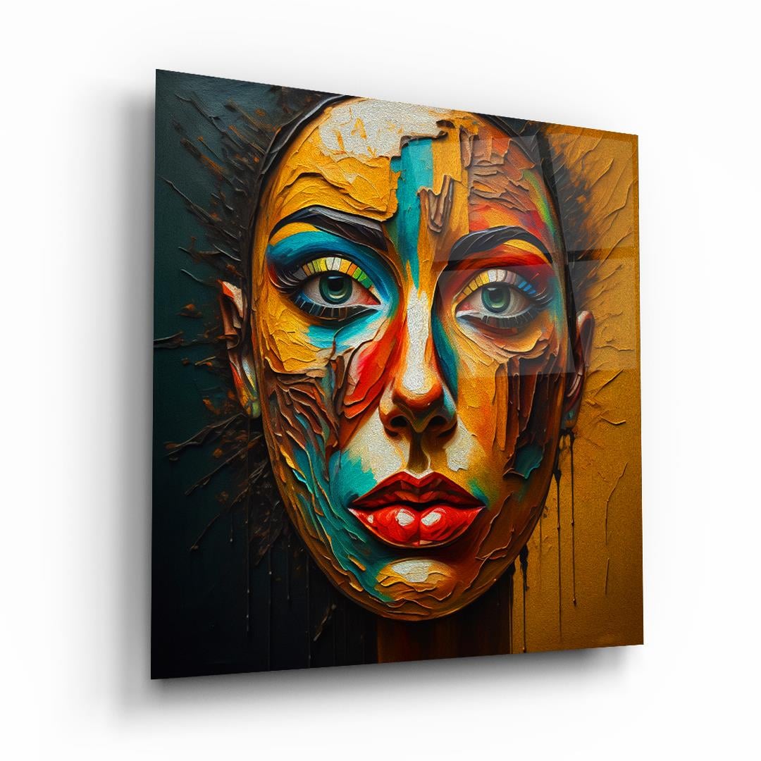 Renkli Kadın Yüzü Kare Cam Tablo-Glass Art Concept