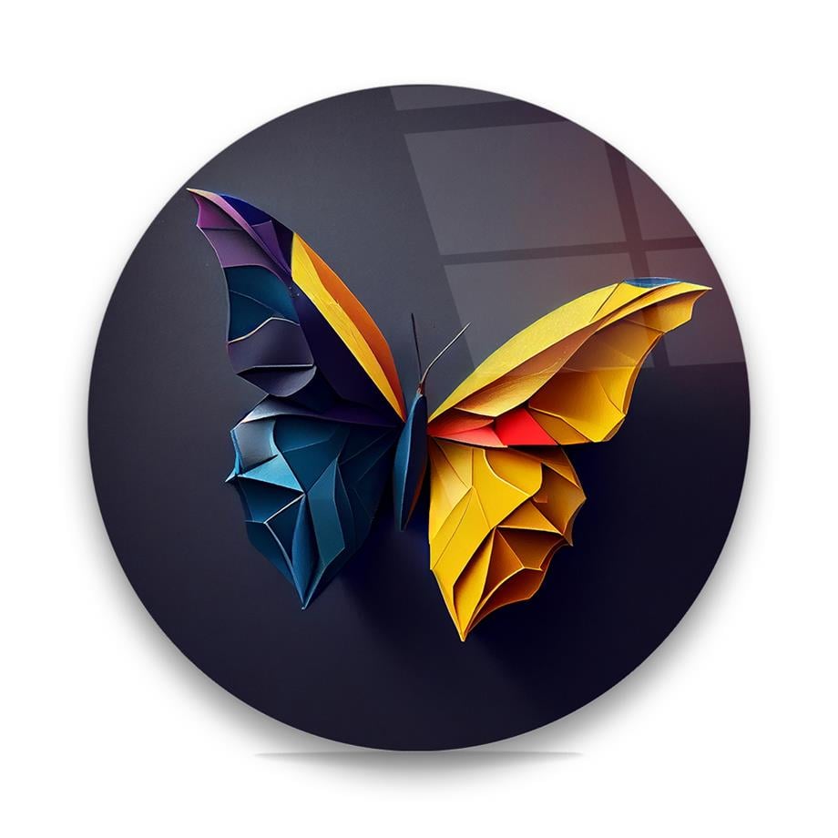 Renkli Kelebek Yuvarlak Cam Tablo-Glass Art Concept
