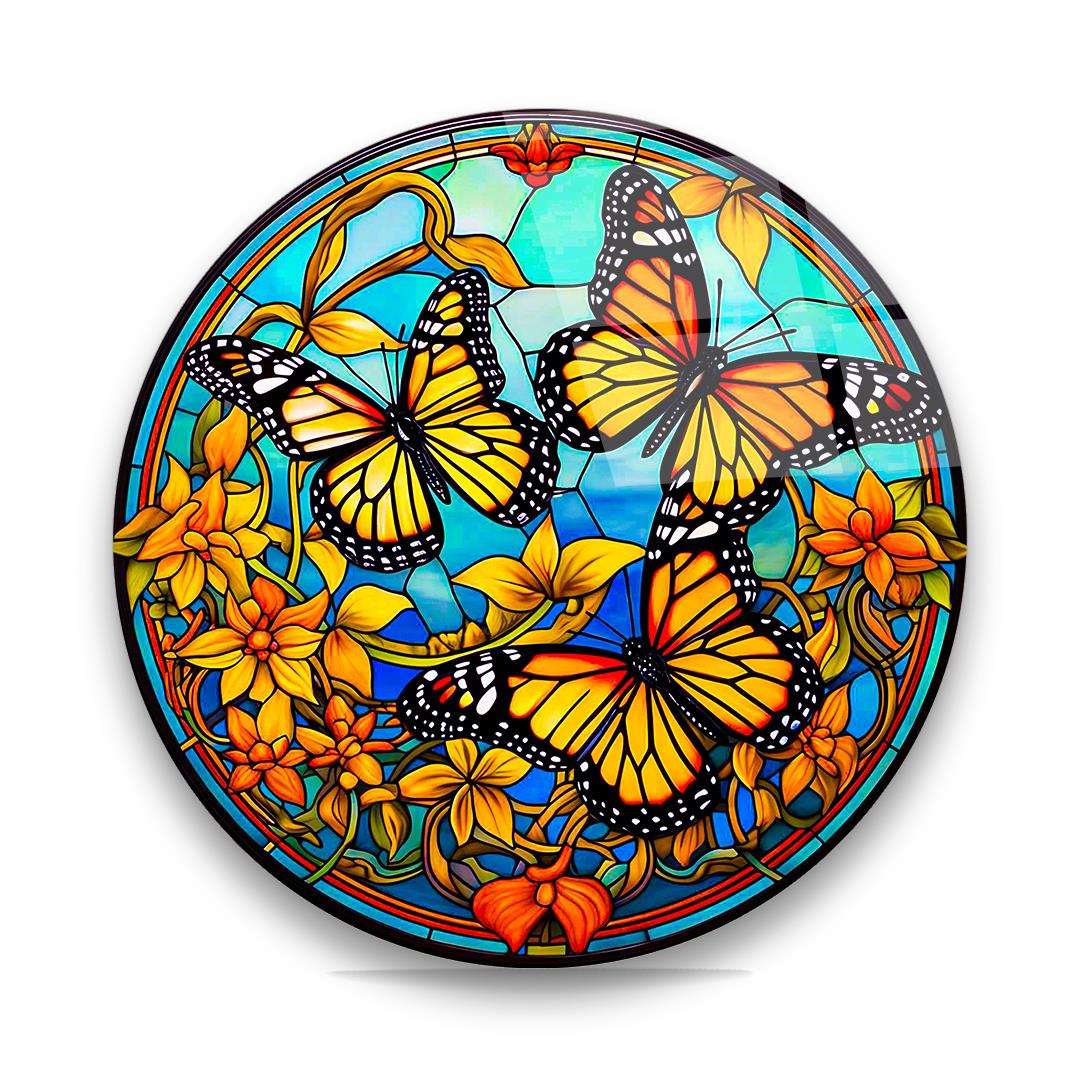 Renkli Kelebekler ve Çiçekler Yuvarlak Cam Tablo-Glass Art Concept