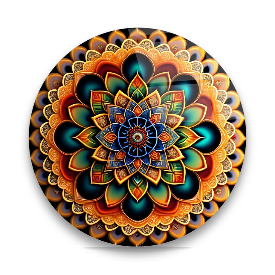 Renkli Mandala Yuvarlak Cam Tablo-Glass Art Concept