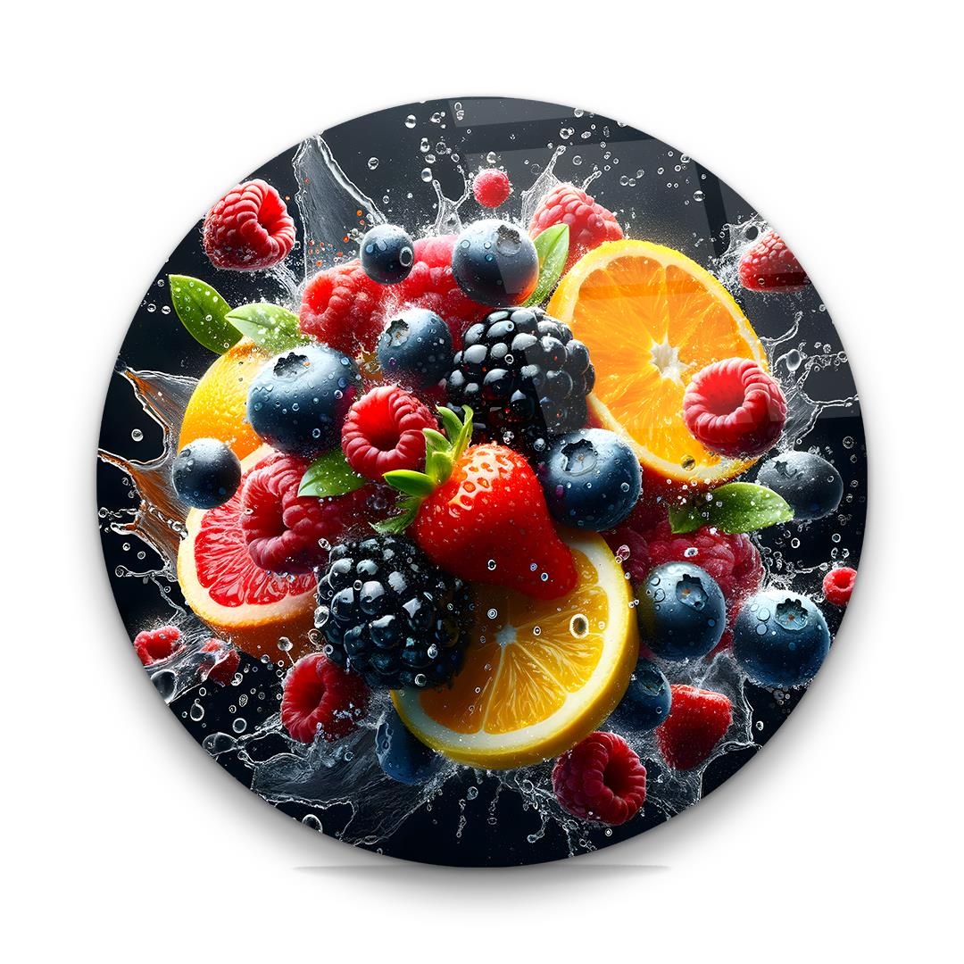 Renkli Meyveler Yuvarlak Cam Tablo-Glass Art Concept