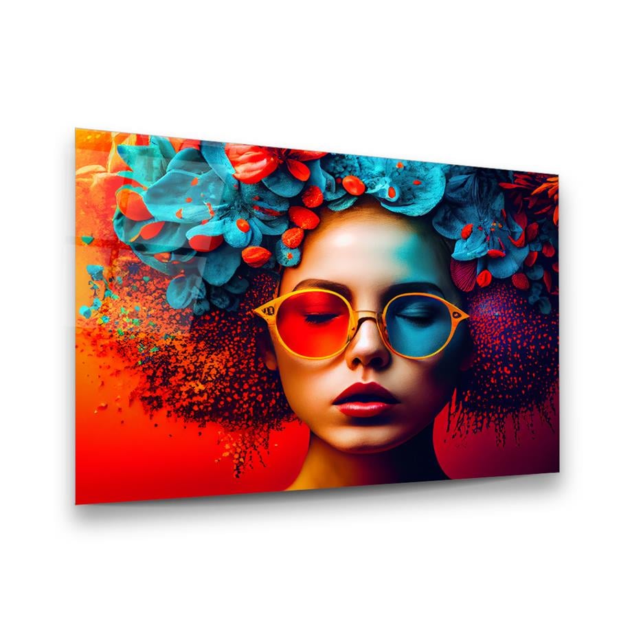 Renkli Temalı Gözlüklü Kadın Yatay Cam Tablo-Glass Art Concept