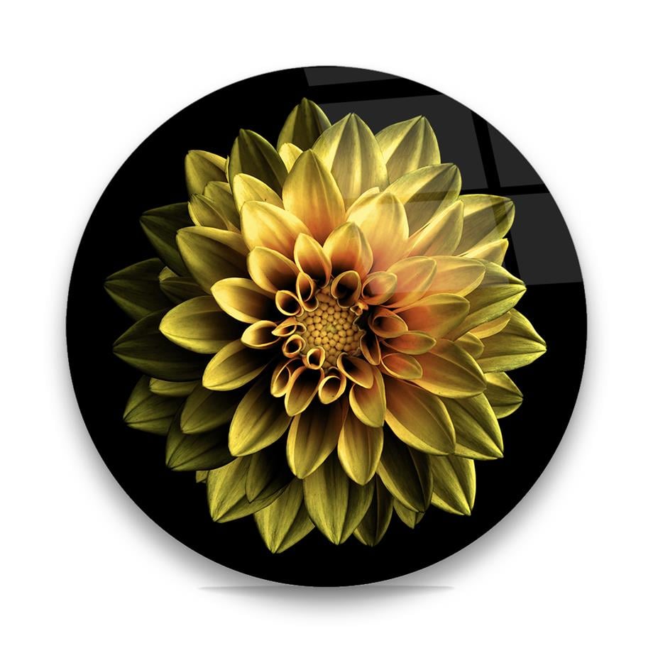 Sarı Çiçek Yuvarlak Cam Tablo-Glass Art Concept